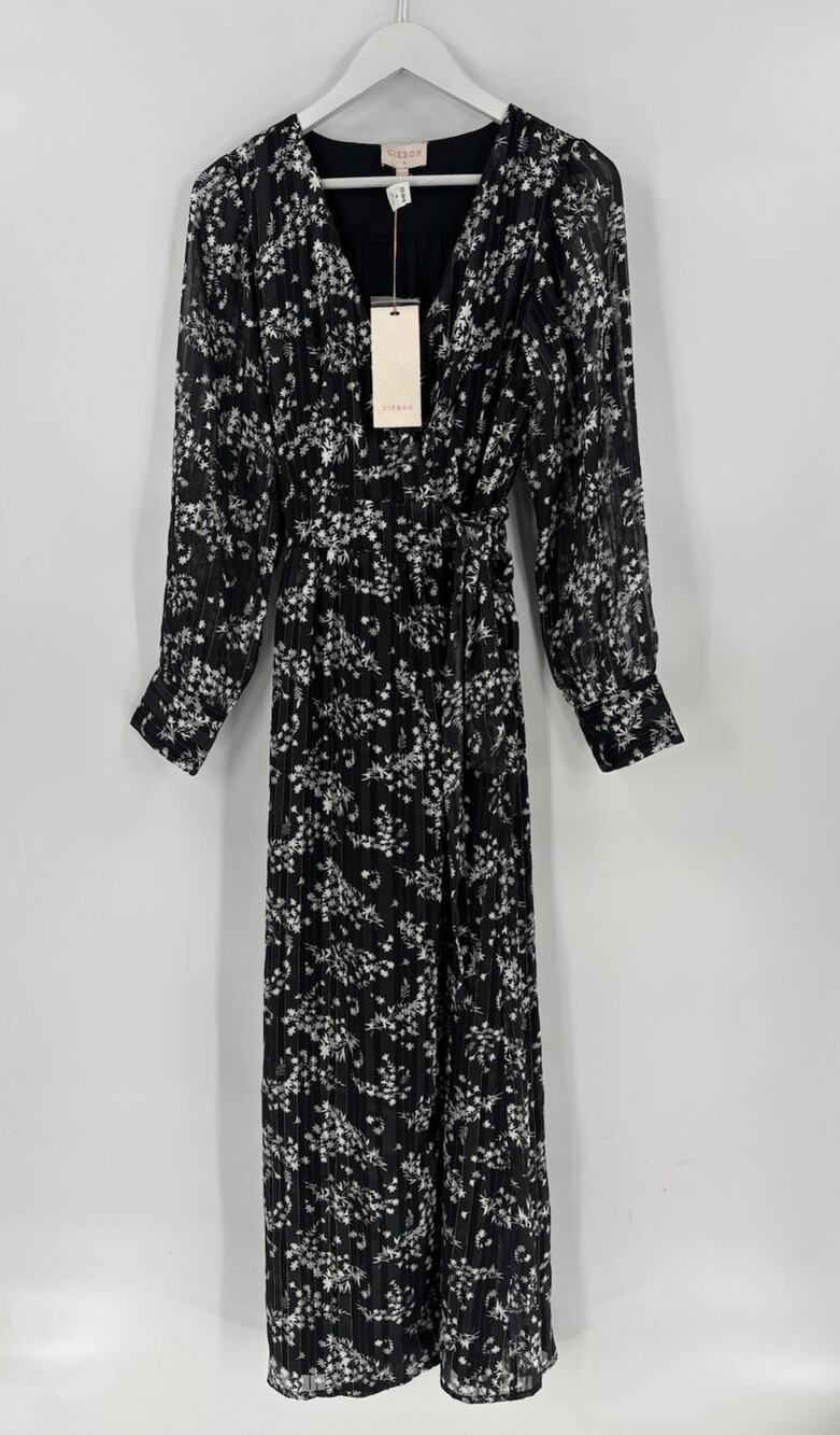 NWT Ciebon Wrap Dress Womens Medium Black White Floral V Neck Maxi Lined Striped